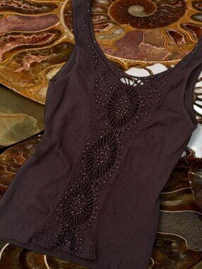Y2K vintage Cache chocolate brown knit beaded tank top with mesh cut outs ⭐️